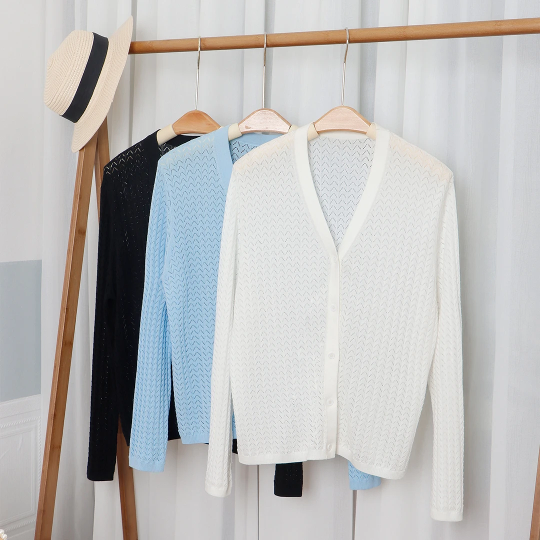 【氧气针织】桑蚕丝V领简约长袖夏季单排扣针织开衫#87563