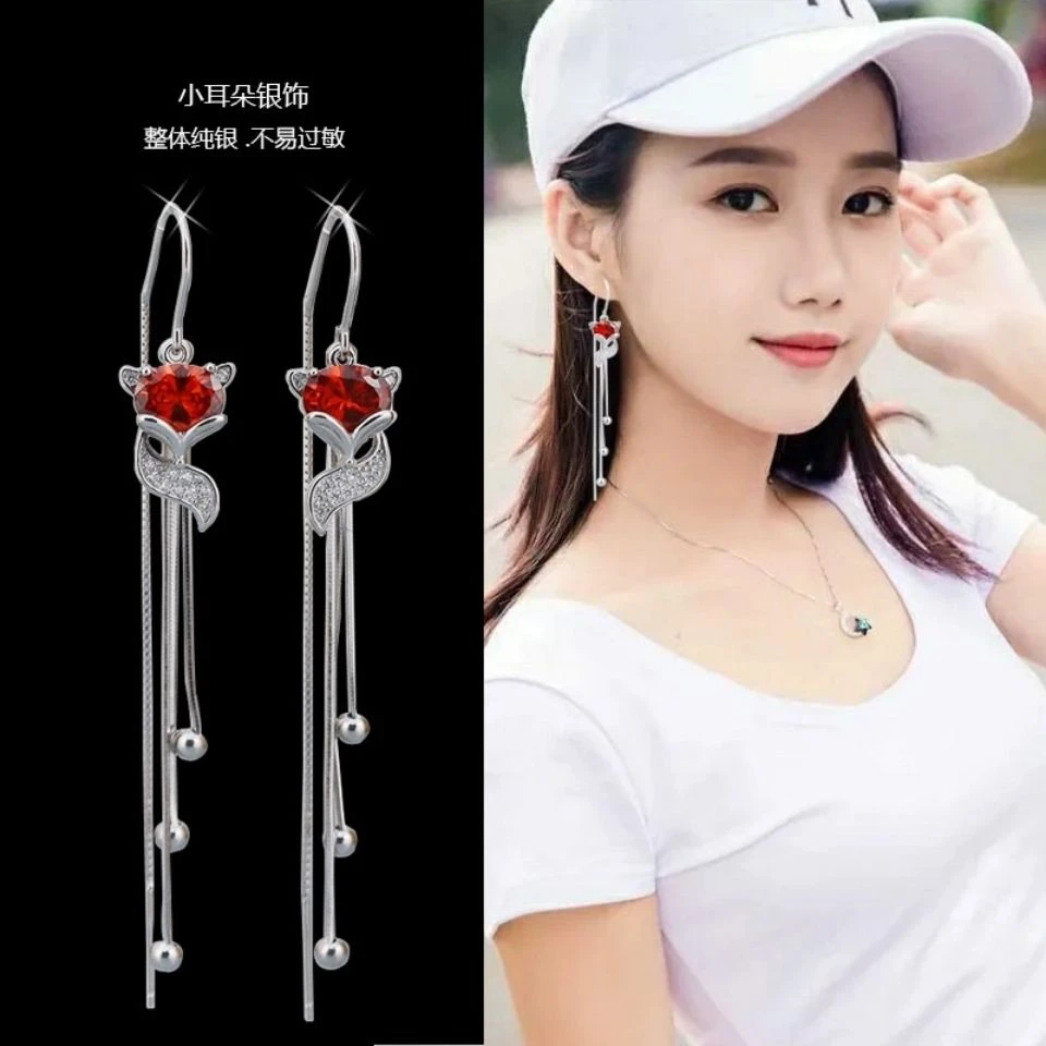 足银合成锆石耳饰 足银微镶锆红色小狐狸防丢耳线
