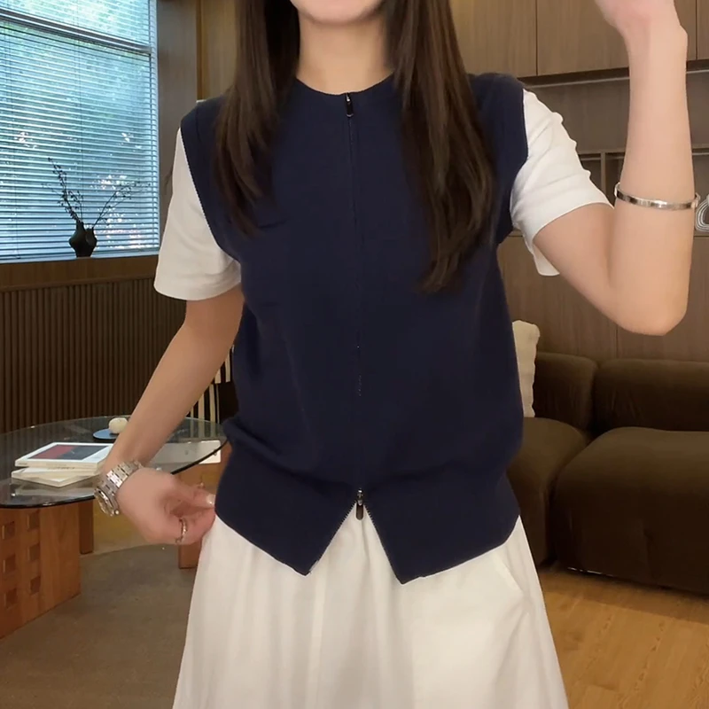 韩系设计感拉链拼接收腰短袖t恤女夏季新款休闲叠穿显瘦百搭上衣