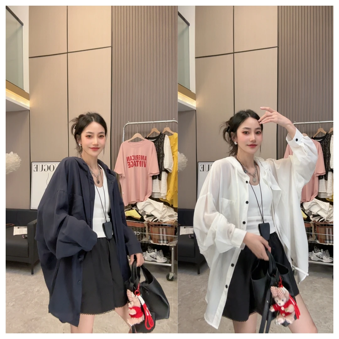 【心花怒放】~夏季上新~时尚休闲纯色宽松显瘦连帽百搭衬衫