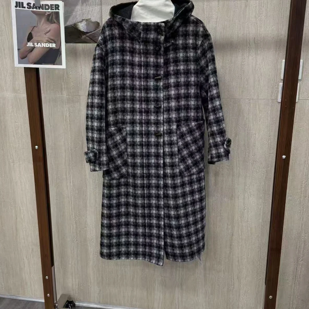叁谷原创黑灰格子羊绒大衣外套