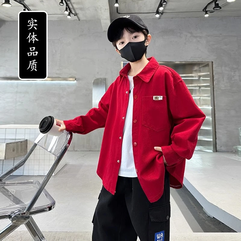 男童秋装长袖红色衬衫2025新款儿童秋装外套中大童秋季上衣洋气潮