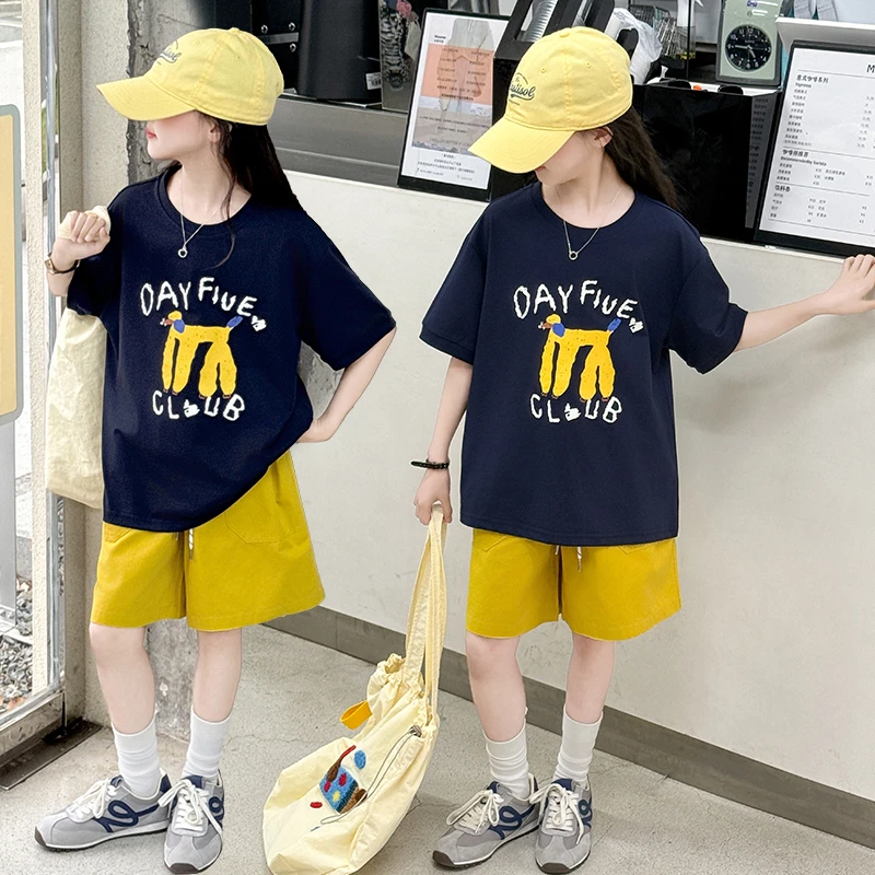 女童卡通狗狗印花T恤套装2025新款韩版中大童休闲运动休闲两件套