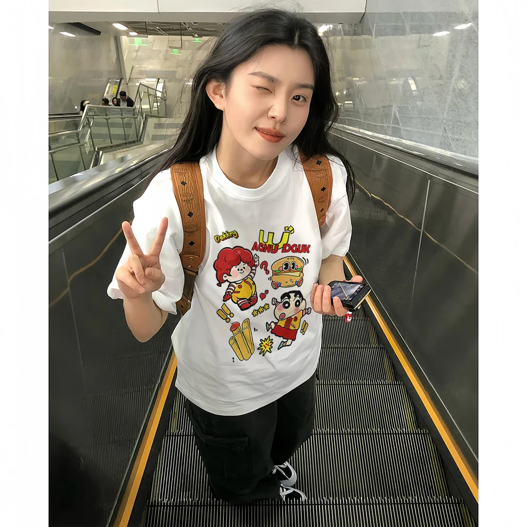美式趣味可爱小众蜡笔小新印花短袖女hiphop宽松显瘦百搭上衣潮
