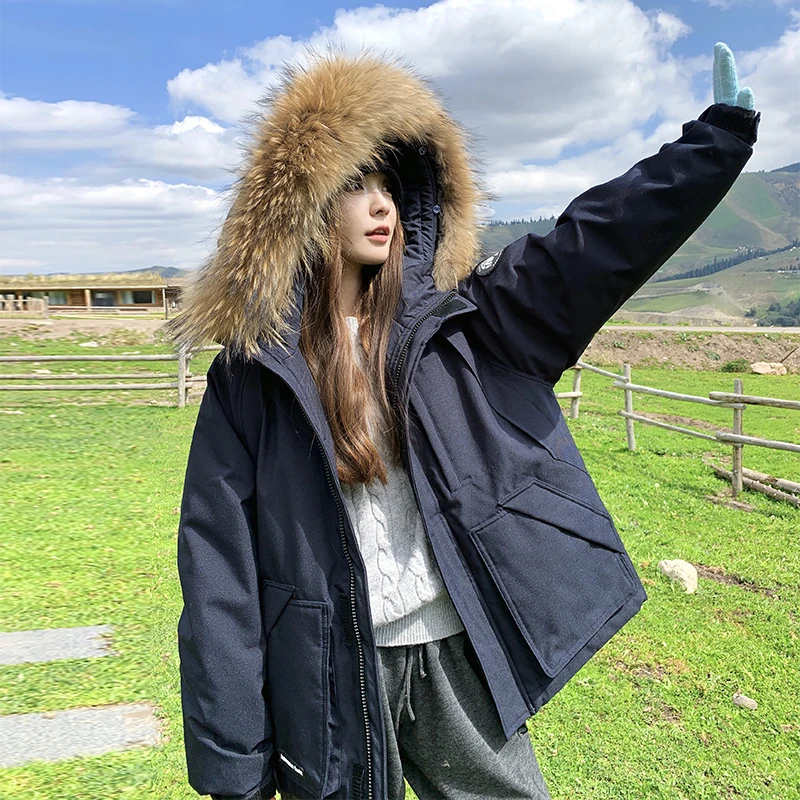 大毛领宽松情侣户外工装冲锋衣女冬新款小个子白鸭绒羽绒服派克服