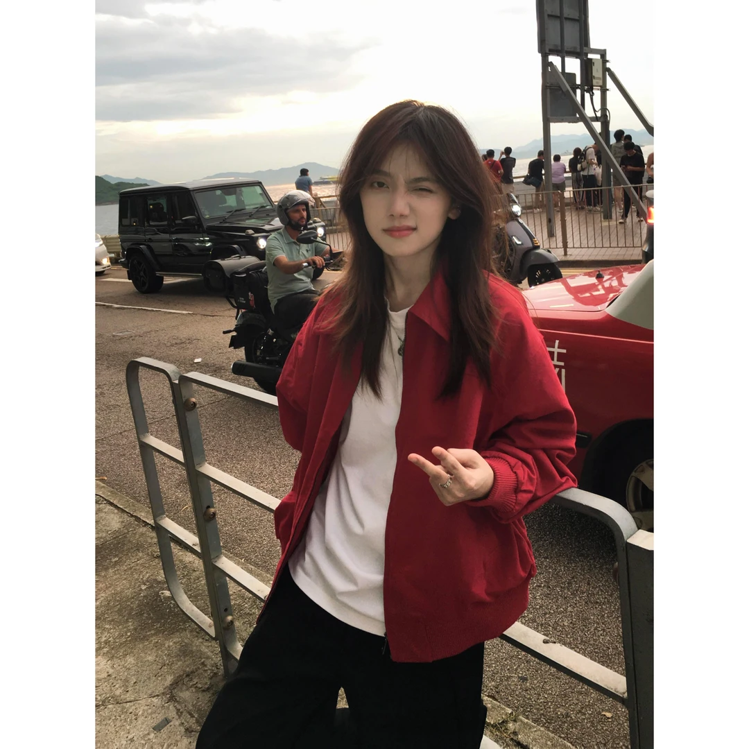 韩系慵懒松弛感chic外套女秋季通勤穿搭红色高级感超好看复古夹克