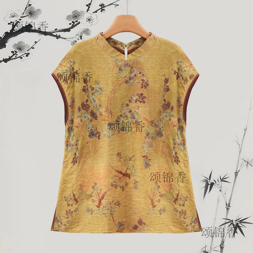 黄鹂Q5864黄金锻龟纹新中式无袖落肩上衣圆领短款洋气夏季