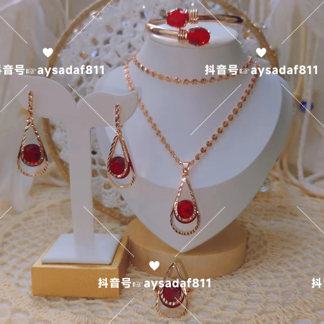 铜合金锆石项链 气质素款石榴红色锆石红金同款项链耳环戒指手镯