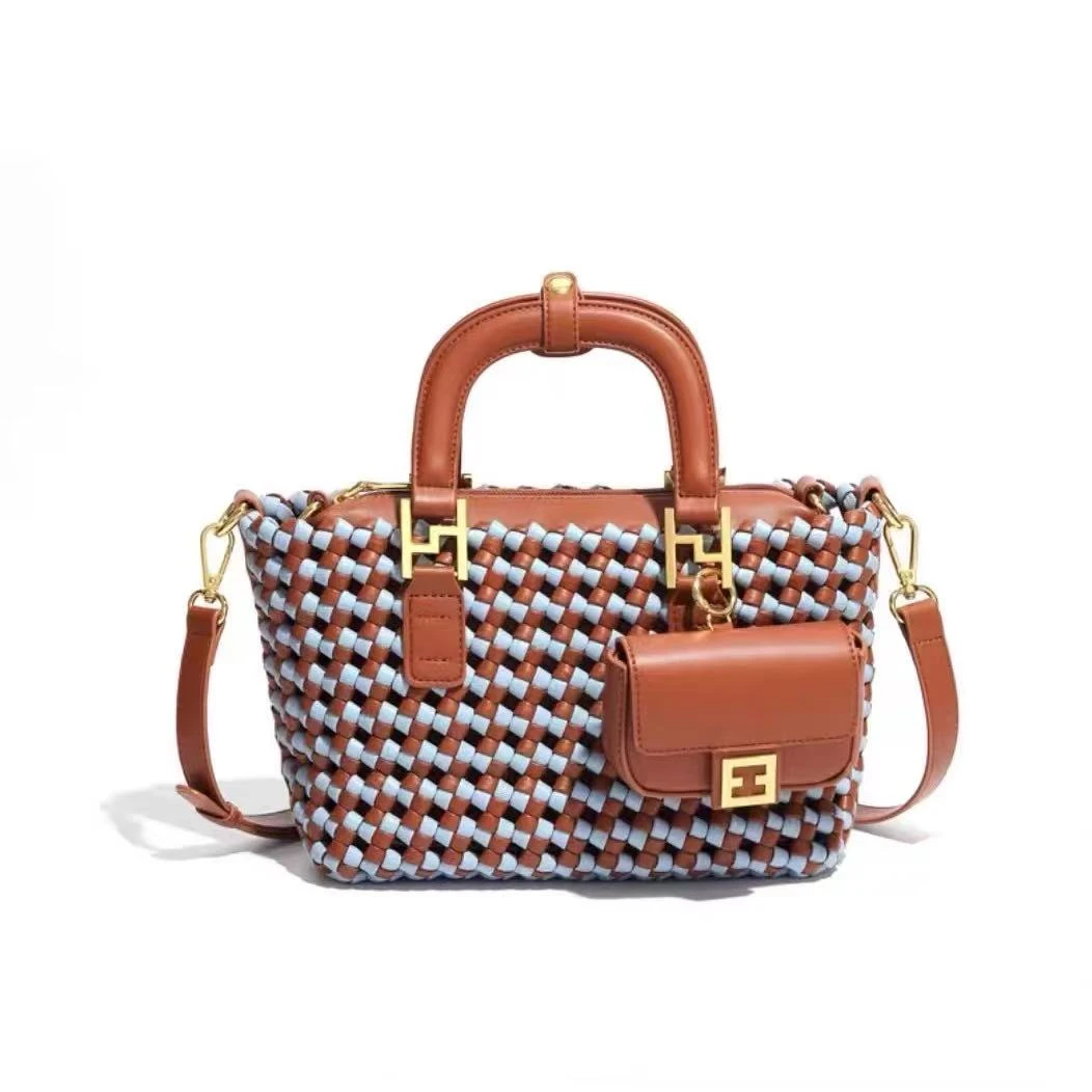 CK限定拼色手工编织托特包CK25448HK蓝拼棕