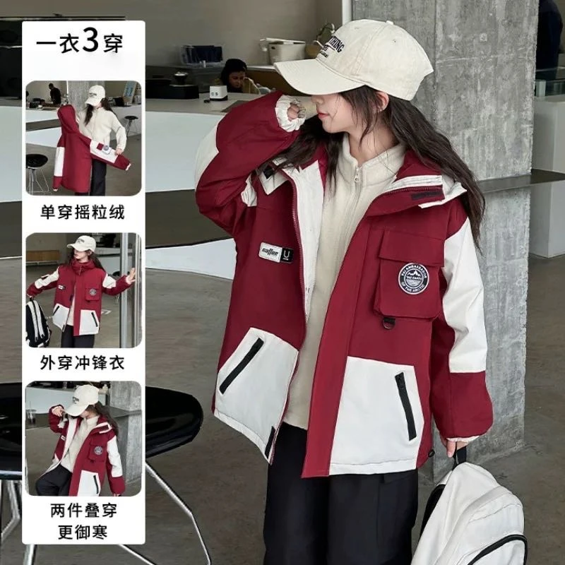 【潮款冲锋衣】女童冬季夹棉一衣三穿冲锋衣加厚男女童连帽外套