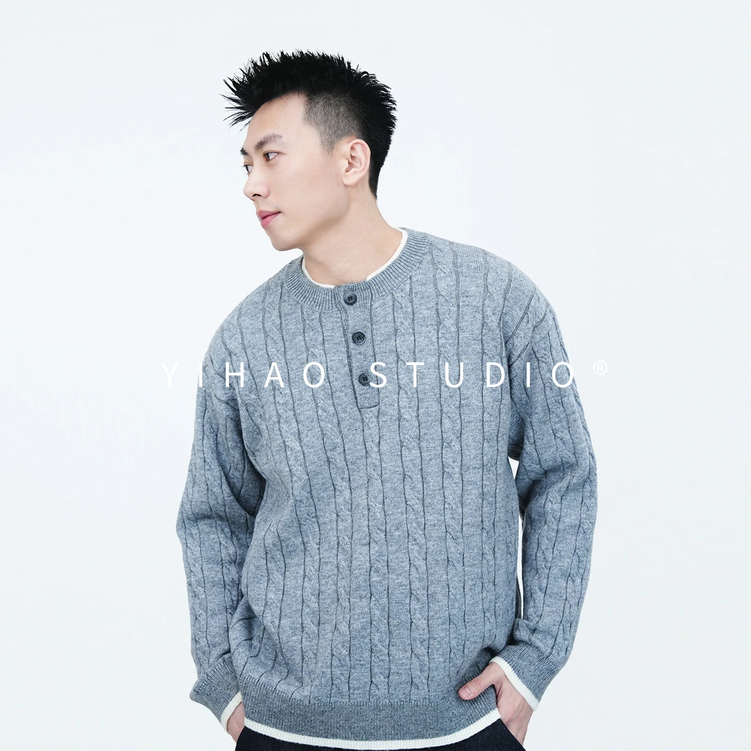 YIHAO STUDIO秋冬新款老钱风高级亨利领绵羊毛针织衫潮牌休闲毛衣