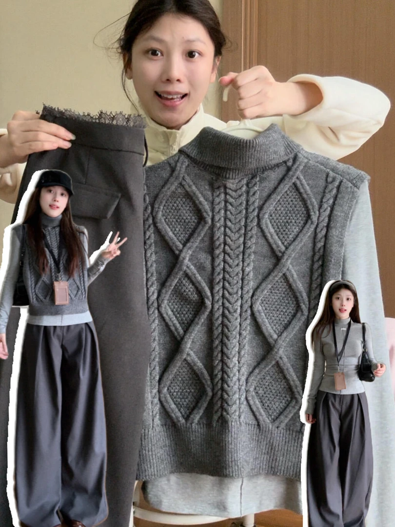 韩系气质高领针织马甲女灰色外穿上衣宽松显瘦设计感叠穿背心毛衣