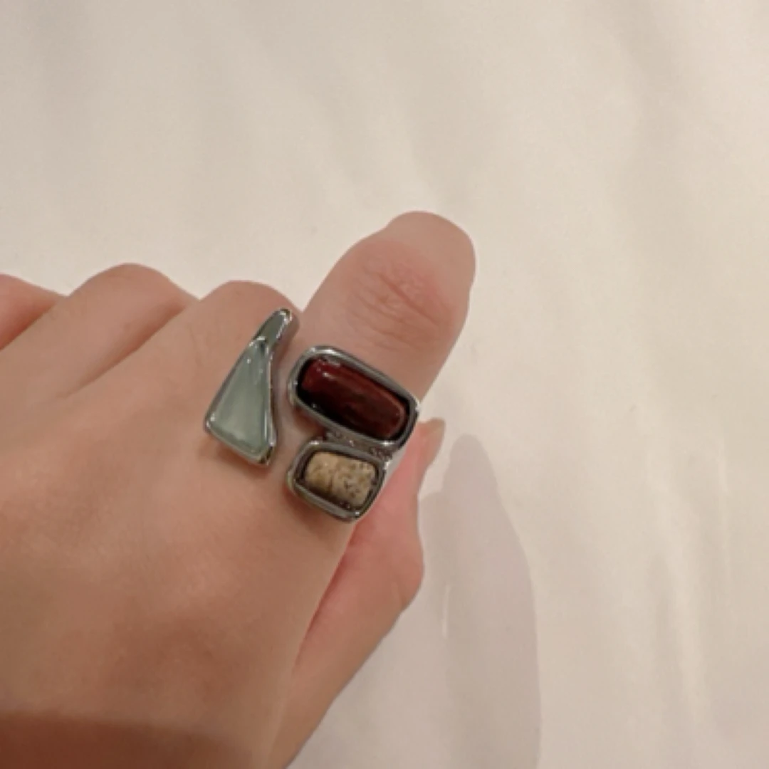 合金花岗石戒指 三色石夸张宽版戒指