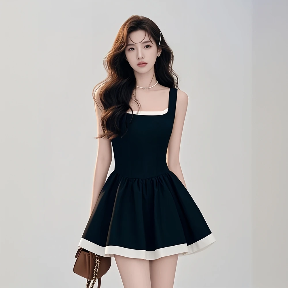 法式赫本风黑色吊带连衣裙女2025年夏季新款小个子气质穿搭蓬蓬裙