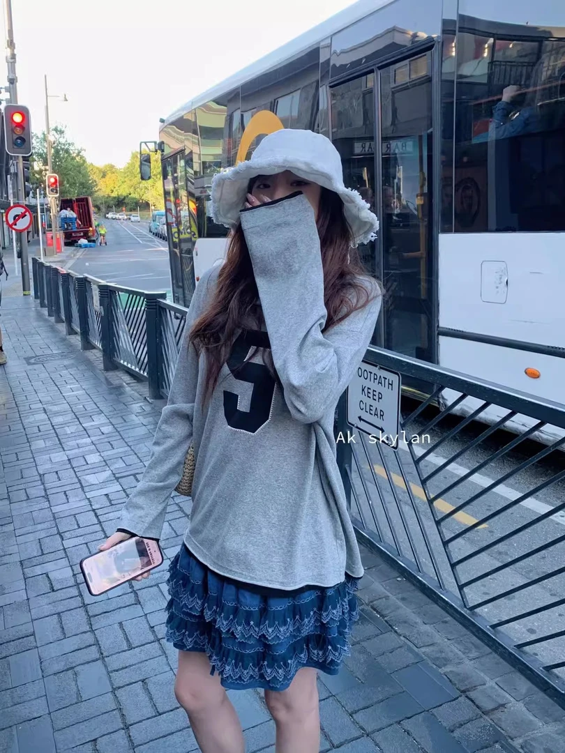 ONEXH·2025年春季新款薄透感随性又好看拼色圆领长袖T恤上衣女