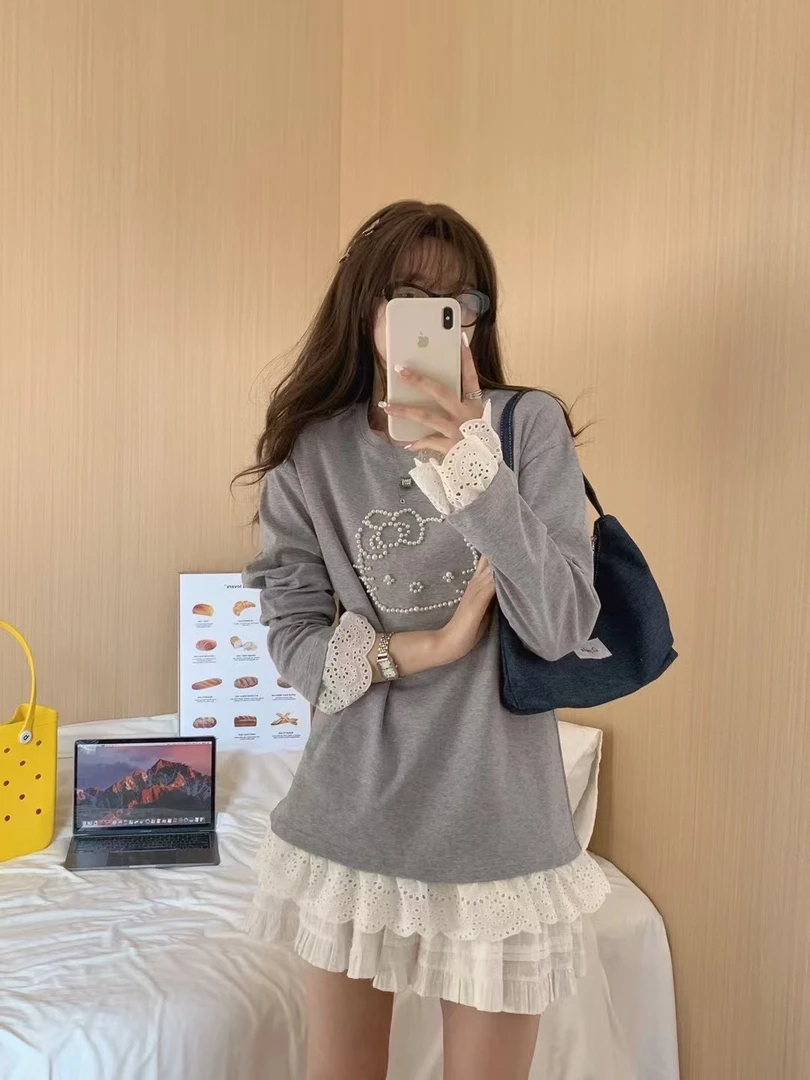 宽松型圆领蕾丝袖T恤百搭气质时尚小众ins