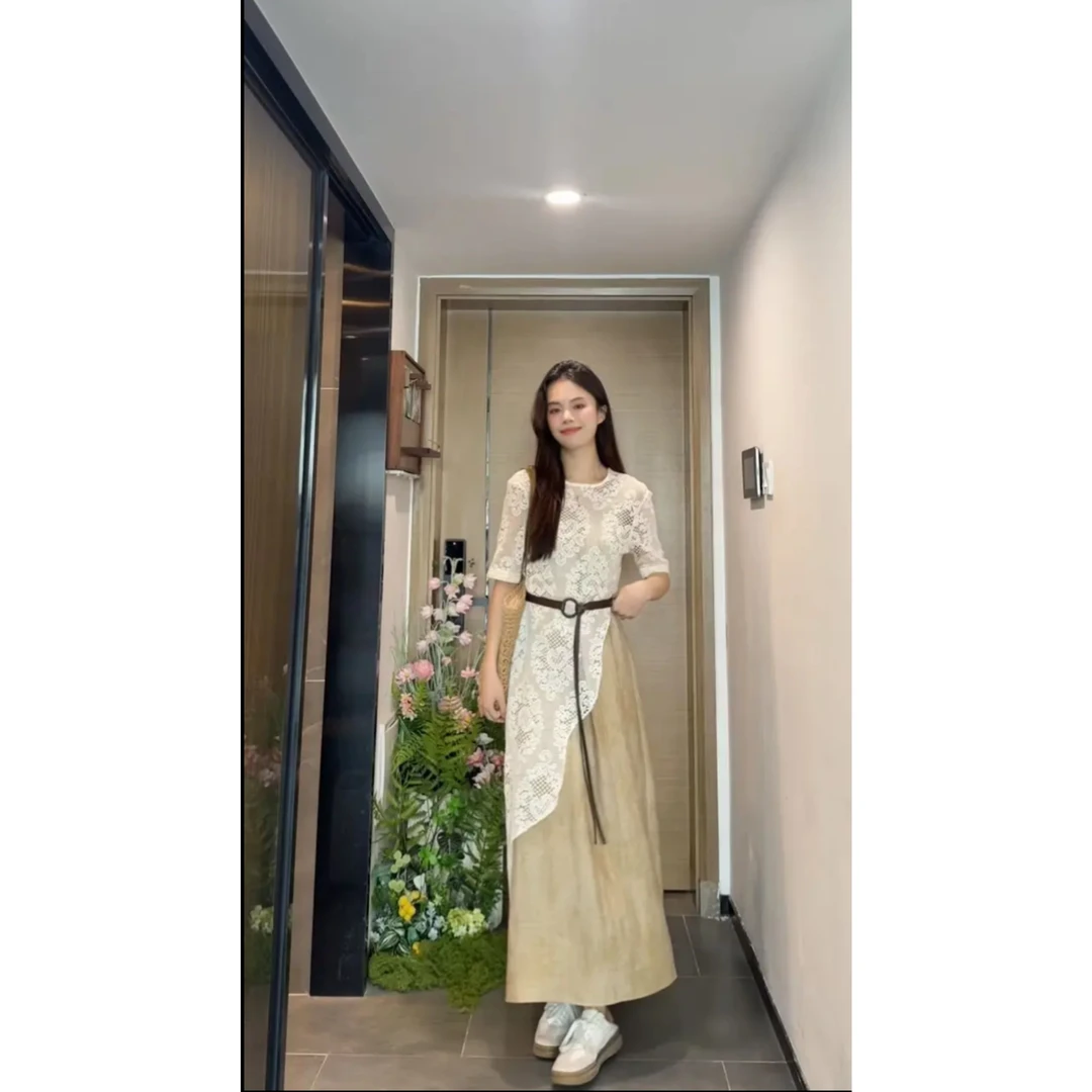 AN.XIN兰亭集序盐系轻熟风套装 蕾丝罩衫+吊带裙两件套，2025年夏，