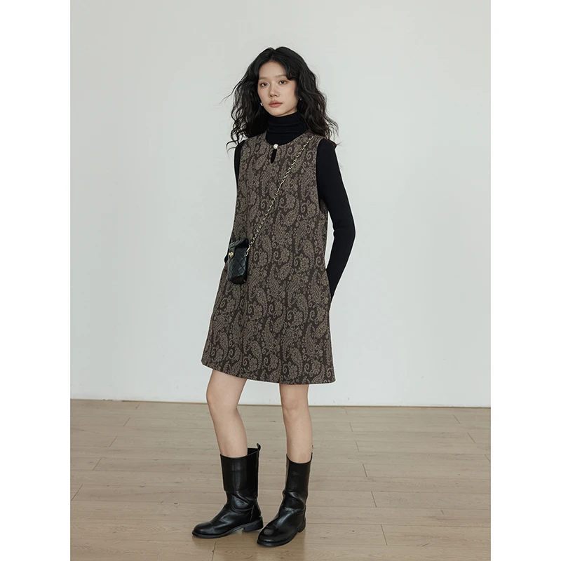 vastand维尚 秋冬复古腰果花无袖背心连衣裙老钱风气质显瘦裙子女