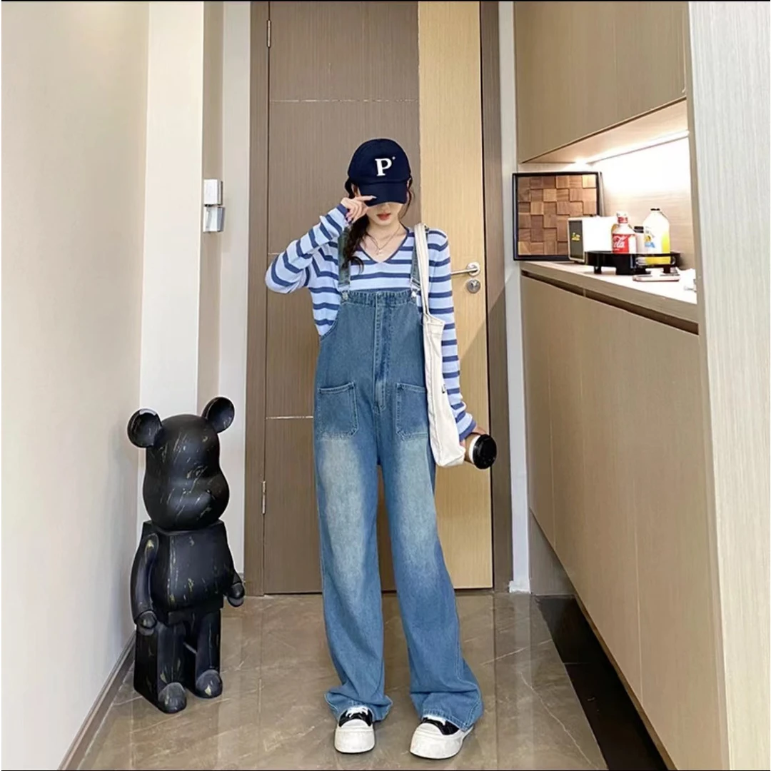 2025孕妇秋装时尚条纹撞色针织上衣+复古水洗软牛仔背带裤高级