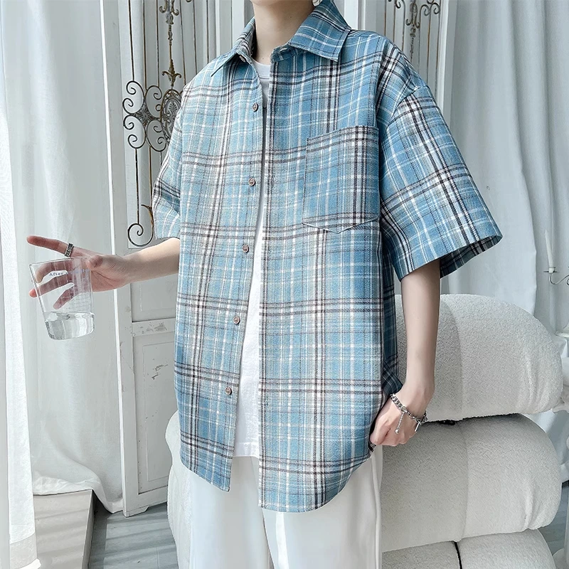 格子衬衫短袖男夏季美式复古翻领衬衣外套男款痞帅百搭五分袖上衣