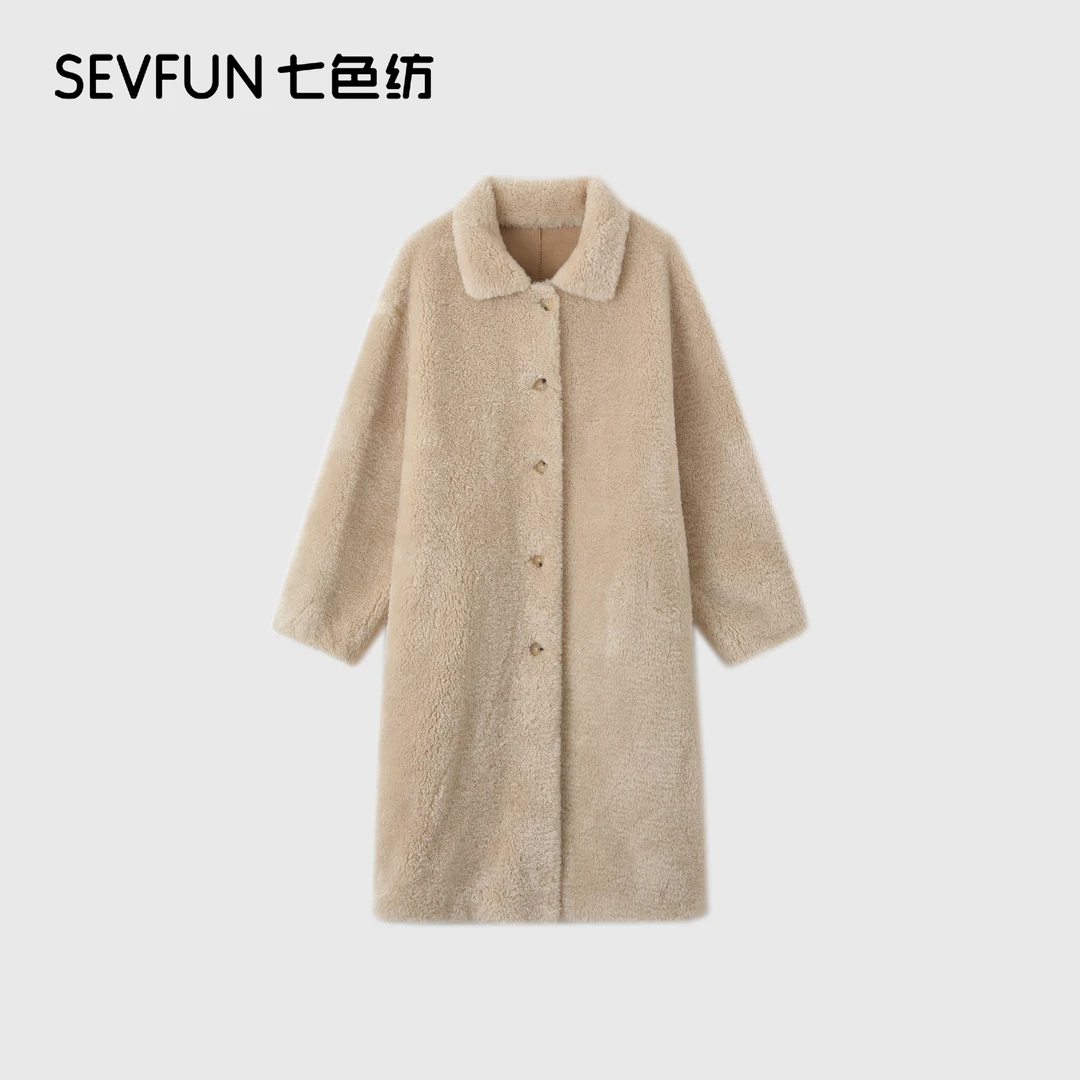 七色纺柔软纯色皮毛一体大衣女装毛呢外套冬季女长款大衣QSF-1178