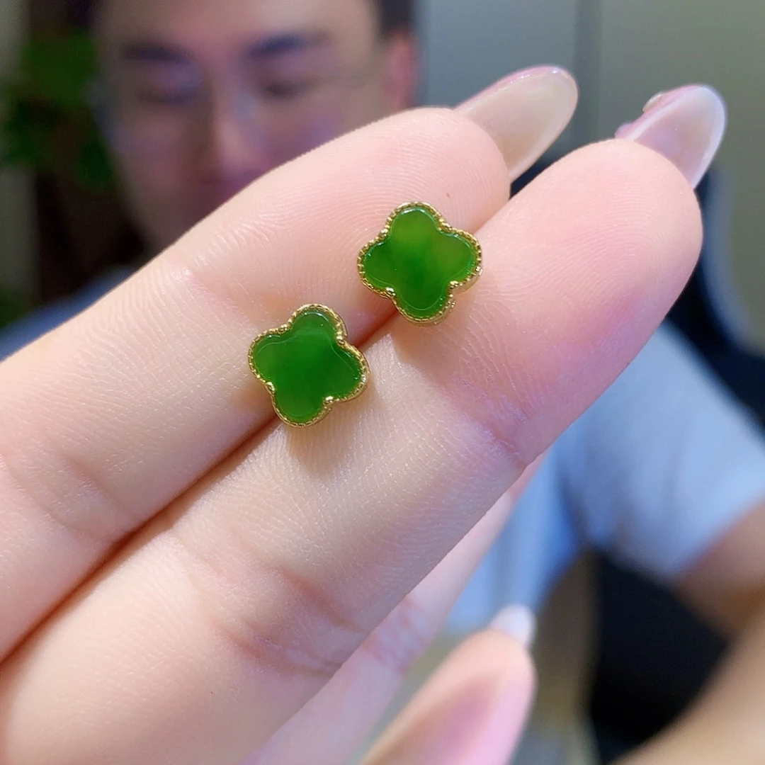 银S925镀金镶嵌和田玉（碧玉）耳饰