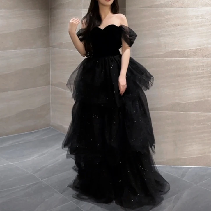 黑色晚礼服裙轻奢小众法式蓬蓬裙主持人女春艺考毕业成人礼礼服裙