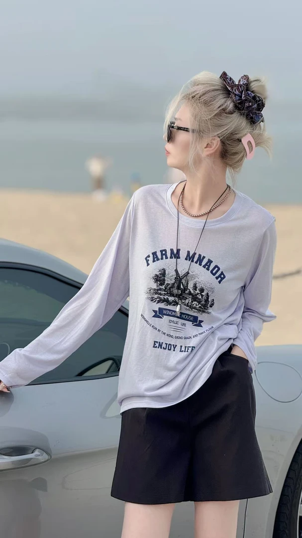 CJ印花字母涂鸦长袖T恤