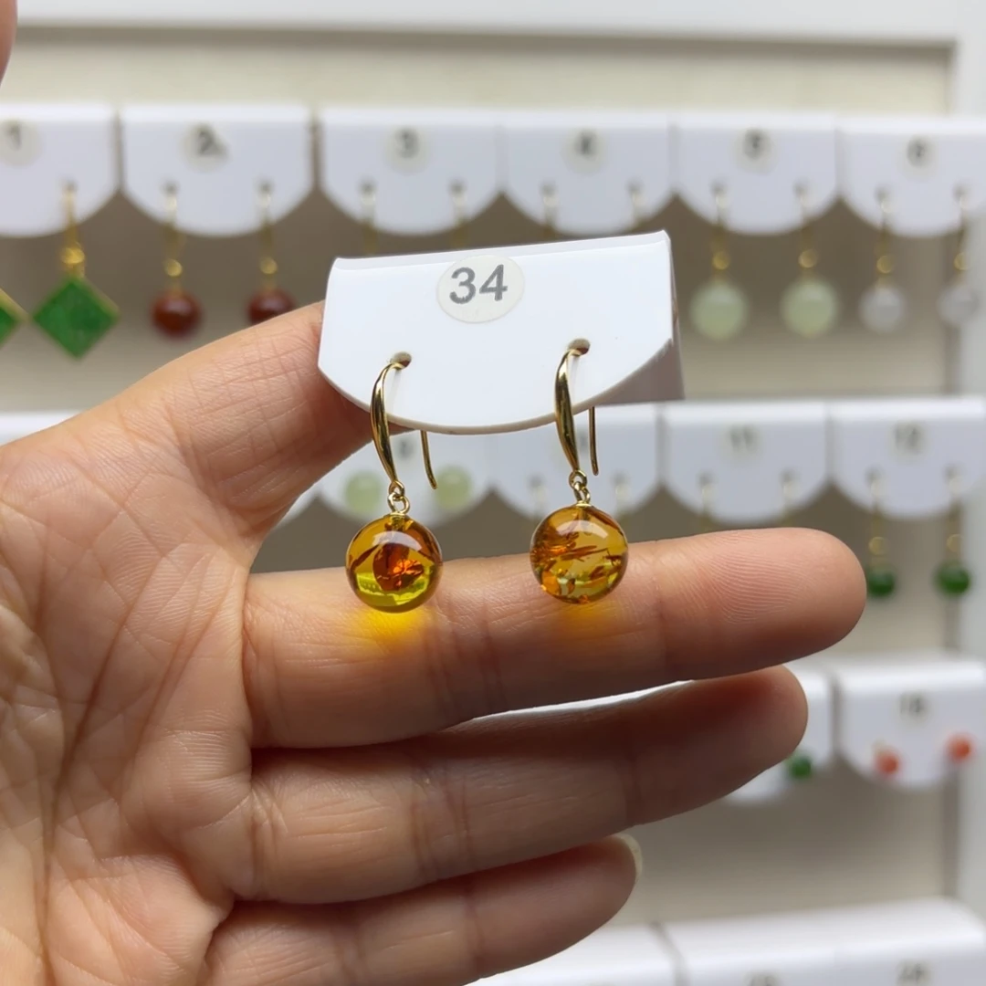 琥珀（花珀）银S925镶嵌耳饰