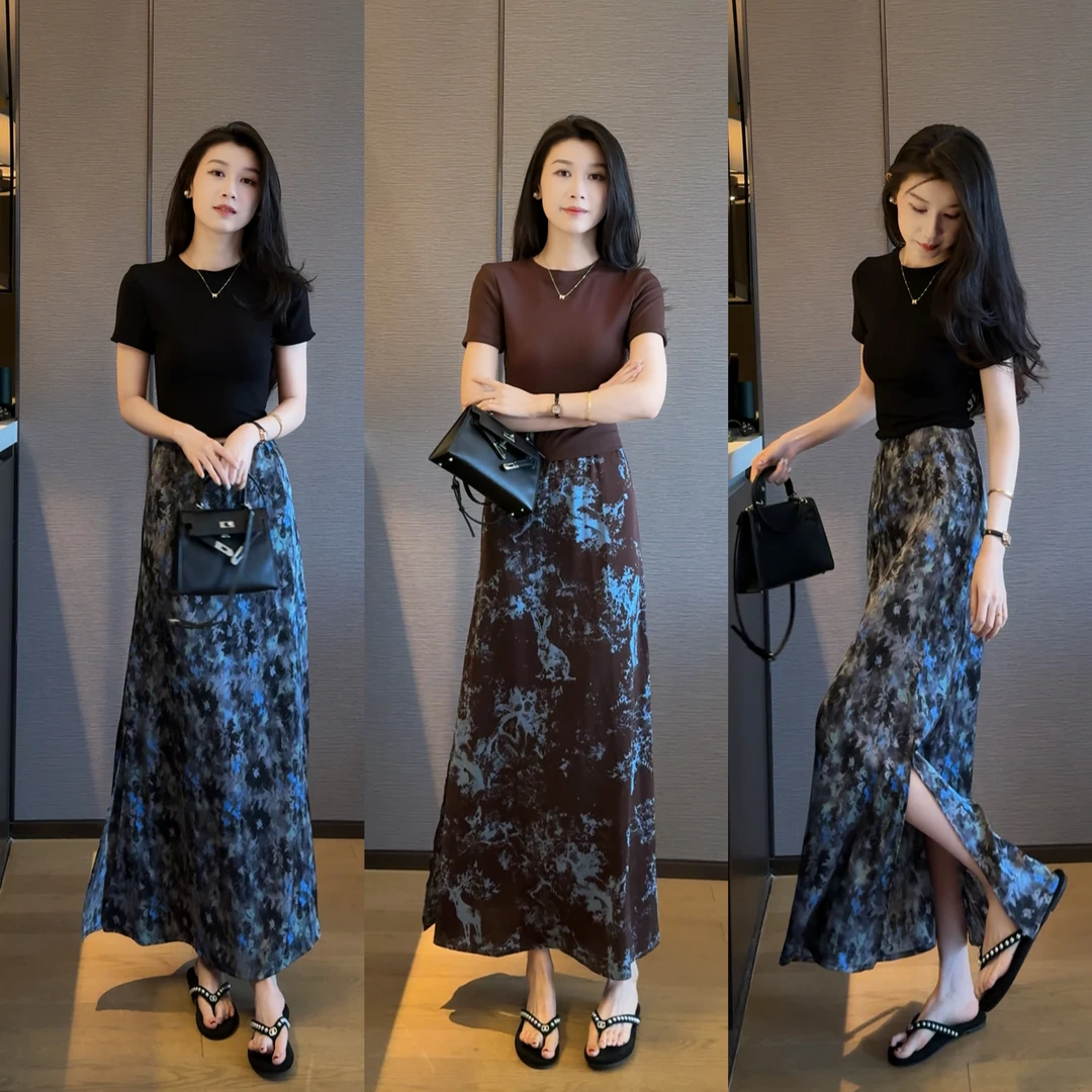 夏季新款拼色A字半身裙气质百搭+百搭款绑带减龄上衣套装