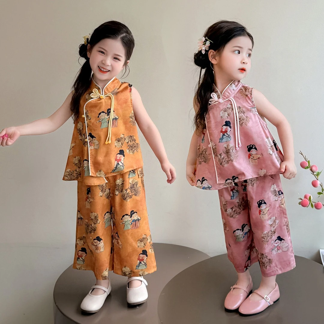 9247女童夏装新中式印花套装2025新款小女孩时尚中国风唐装两件套