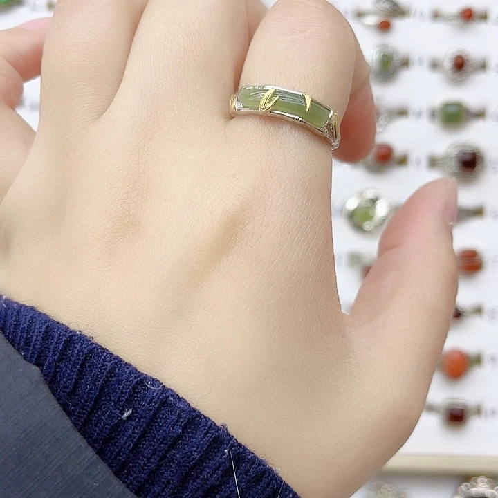 和田玉戒指银S925镶嵌天然