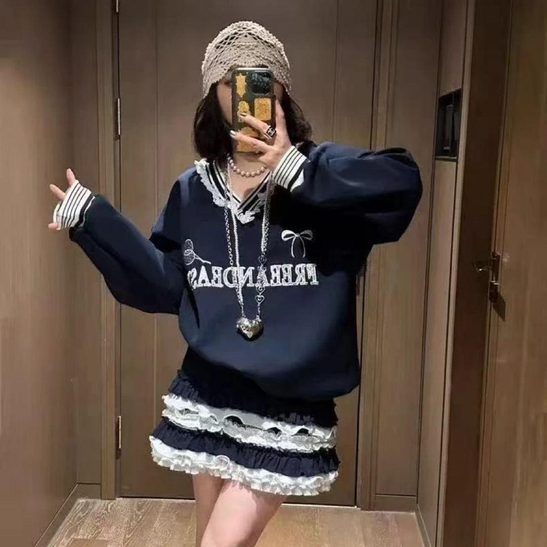 韩系蕾丝拼接V领套头一整套ootd穿搭秋季两件套A5243