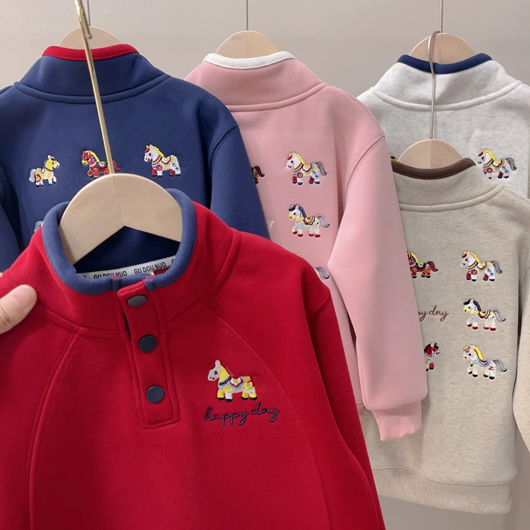 年款 红品 小马刺绣 男童女童 小中大童 三粒扣立领 加绒加厚精品