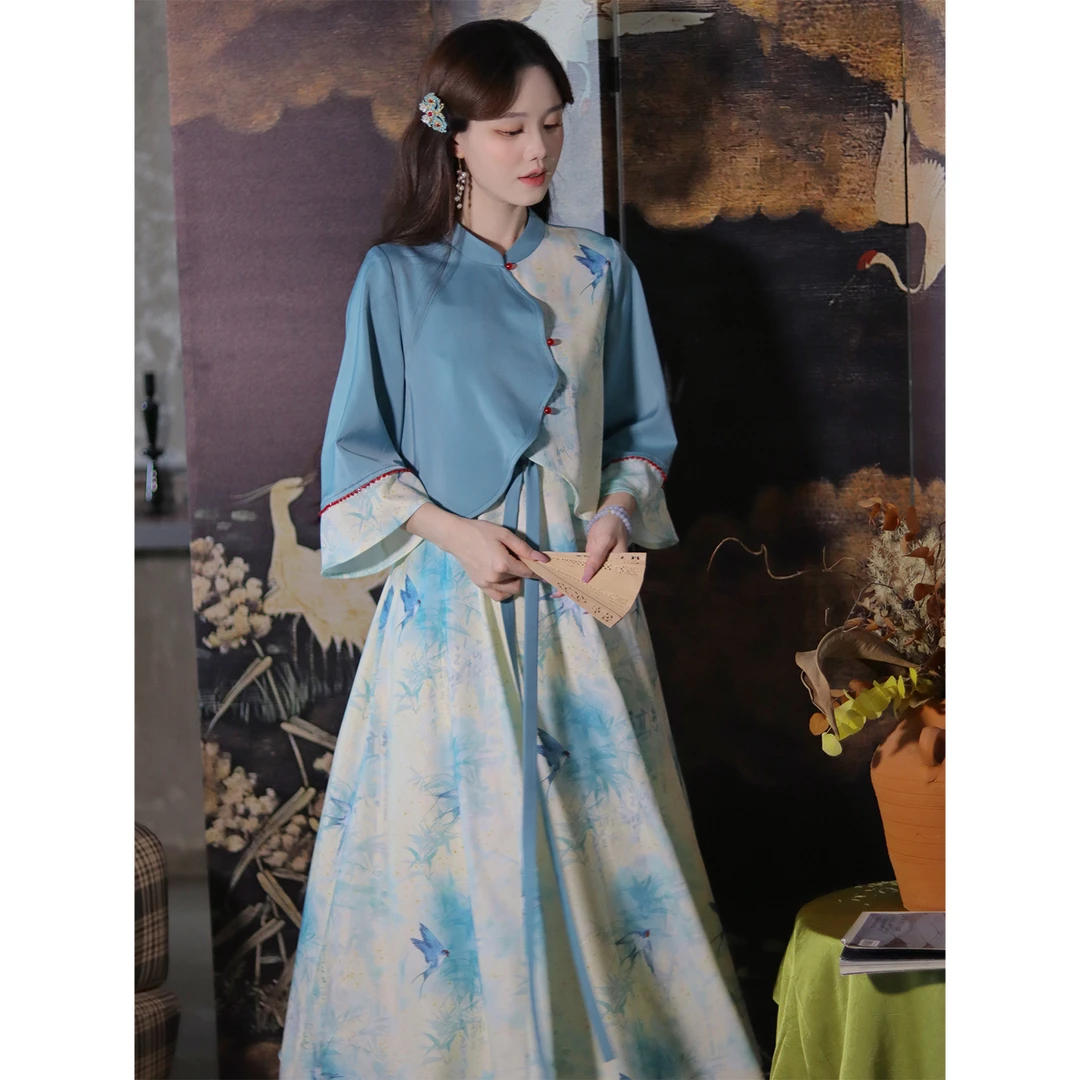 瑶西【南风】长裙蓝色秋季新中式汉服收腰印花大摆裙连衣裙两件套