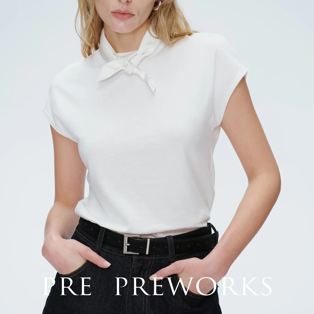 PRE PREWORKS简约高级感亚麻连肩袖经典圆领修身显瘦百搭T恤