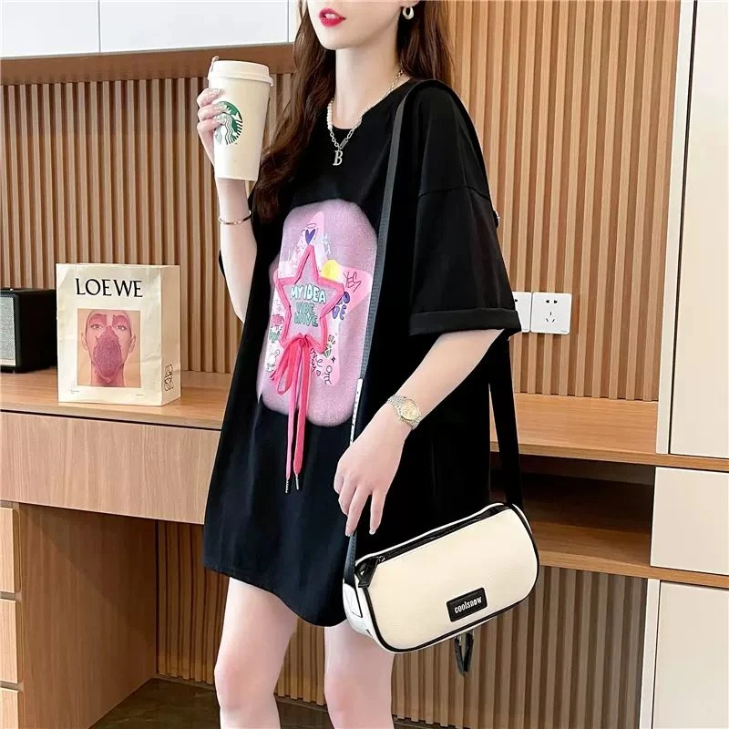 设计感小众印花短袖t恤女夏季2025新款洋气减龄大码宽松半袖上衣