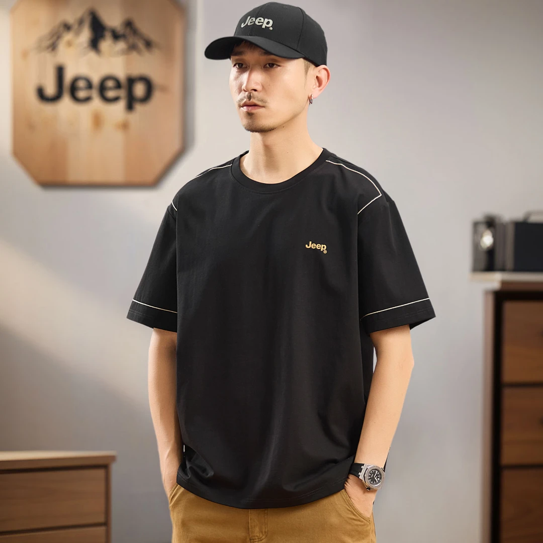 JEEP/吉普夏季新款圆领短袖日常百搭宽松短袖长绒棉上衣透气百搭