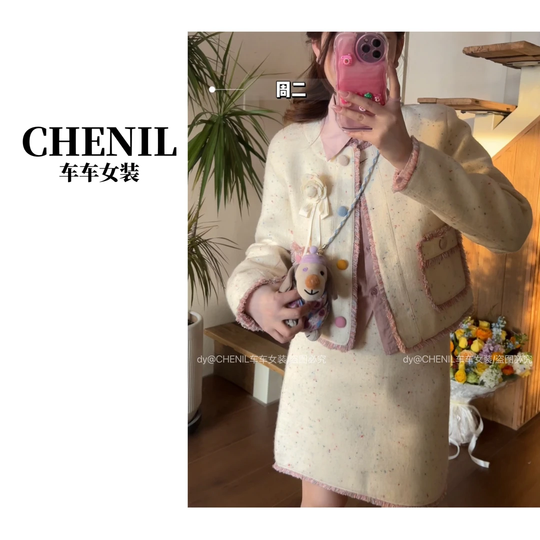 CHECHE【山茶花套装】春季新品甜美小香风外套新品彩色呢套装