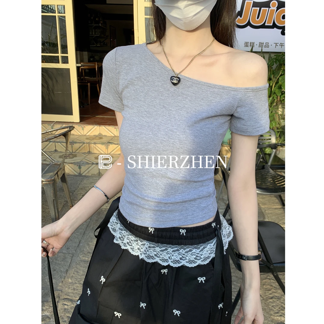 2025夏季韩版纯欲辣妹斜肩露锁骨设计感百搭短袖T恤上衣女
