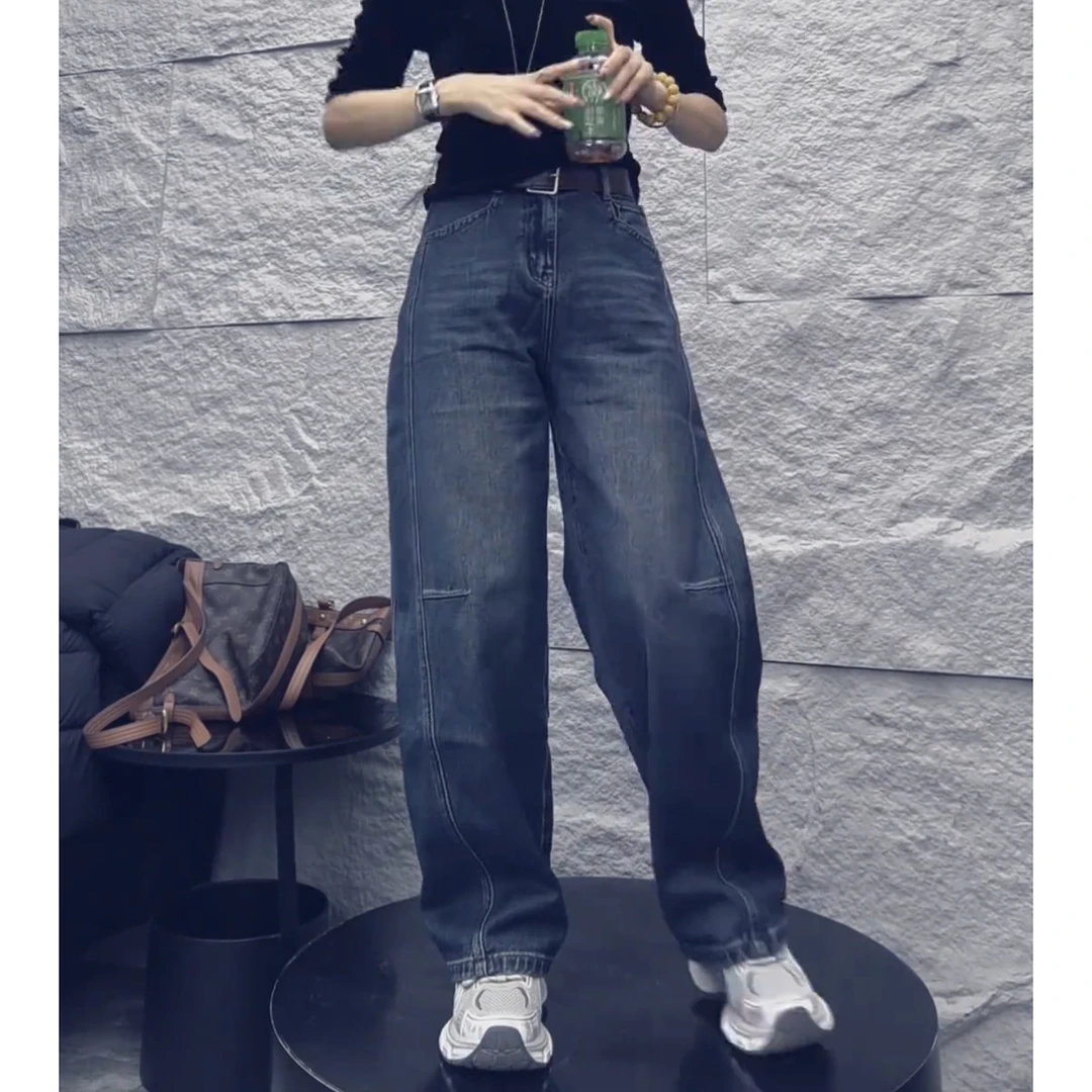 弯刀牛仔裤女宽松哈伦裤秋遮胯阔腿裤梨型身材高腰显瘦拖地老爹裤