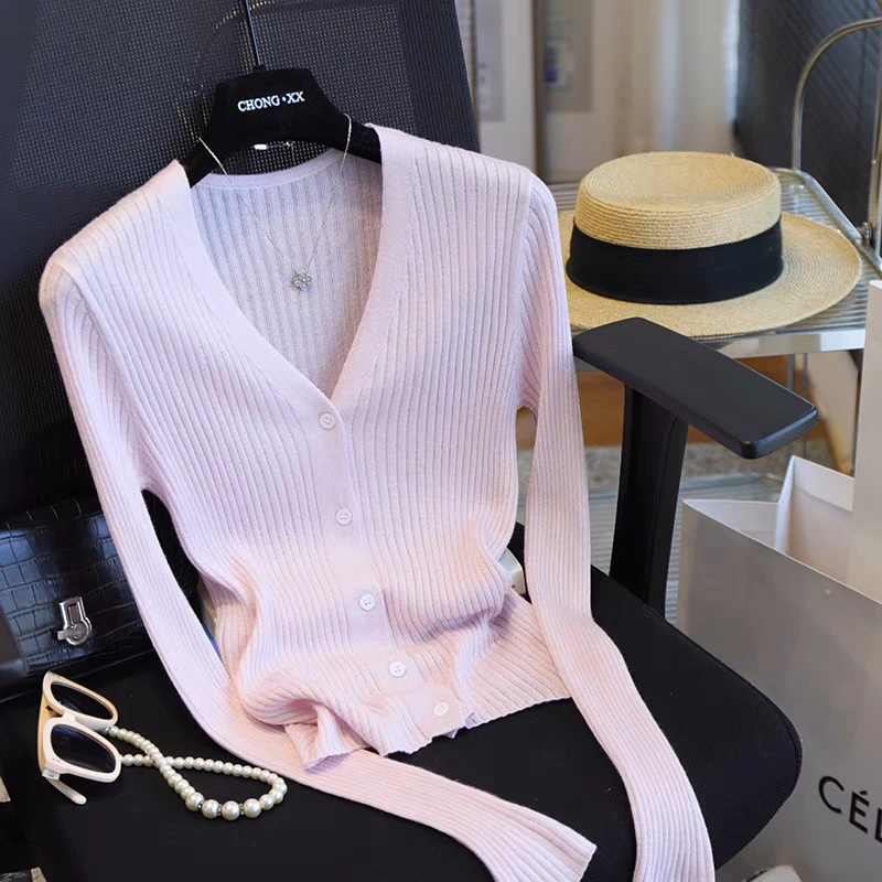 2025春夏新款细毛云朵v领细针开衫女上衣百搭打底上衣纯色显瘦