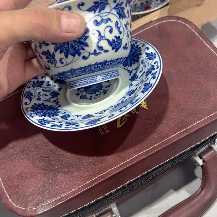 瓷片白青花缠枝莲元宝盖碗全品