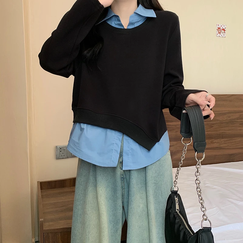 2025秋季新款胖mm大码女时尚减龄拼接衬衫假两件polo领卫衣20709