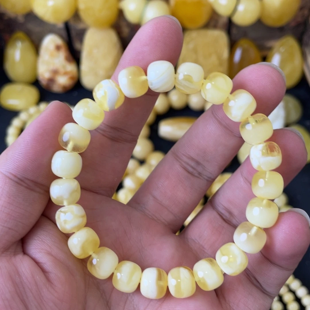 琥珀未镶嵌手串9+俄料妖白花精工老型手串