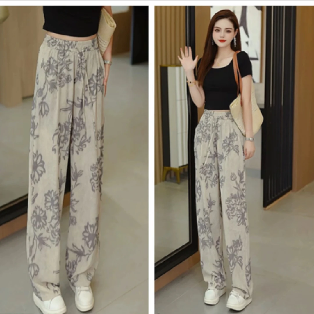 8817#【裤长98】夏季印花松紧腰直筒阔腿休闲裤显瘦气质百搭