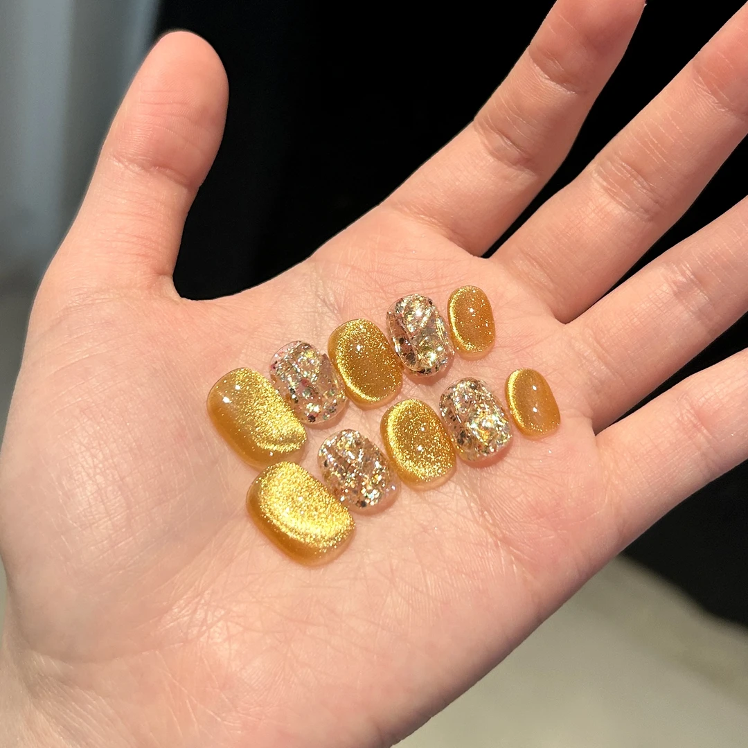 【多肉芒芒】蓝珊手工穿戴甲招财金黄绵密爆闪猫眼亮片堆钻显白简约