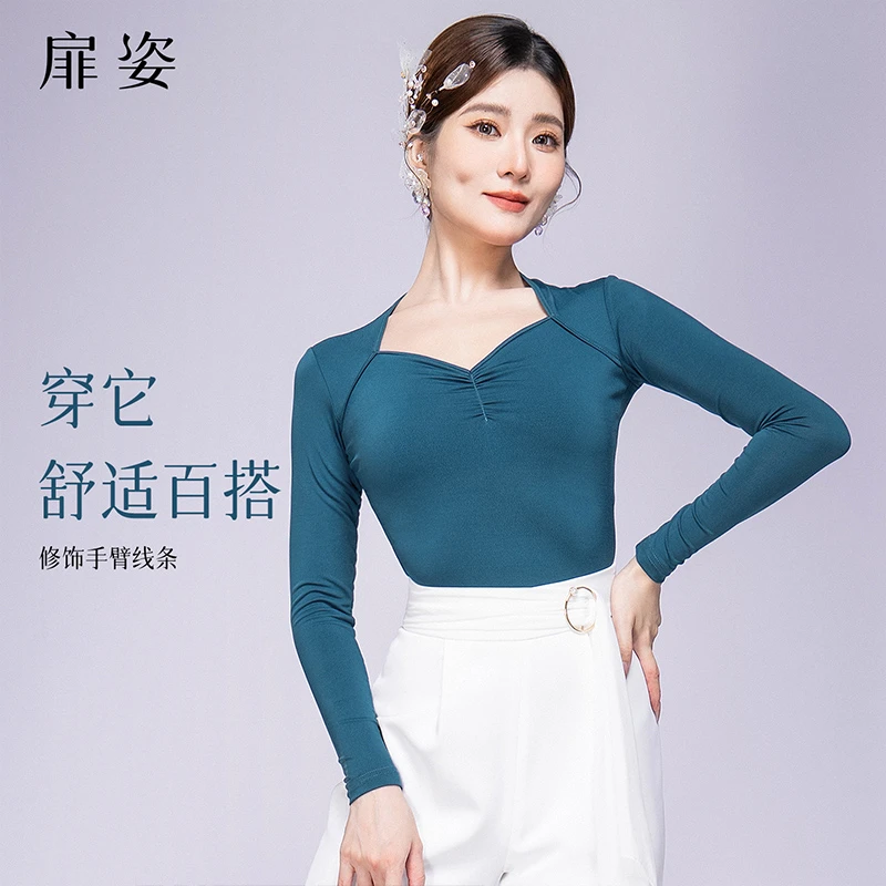 扉姿摩登舞服女长袖舞蹈练功服跳舞上衣拉丁舞连体衣秋冬t恤F1313