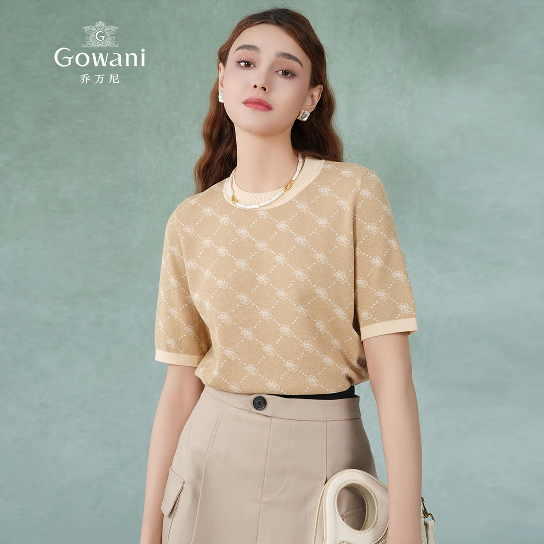 Gowani/乔万尼商场同款针织衫女新款短袖薄款减龄圆领设计EM2M895