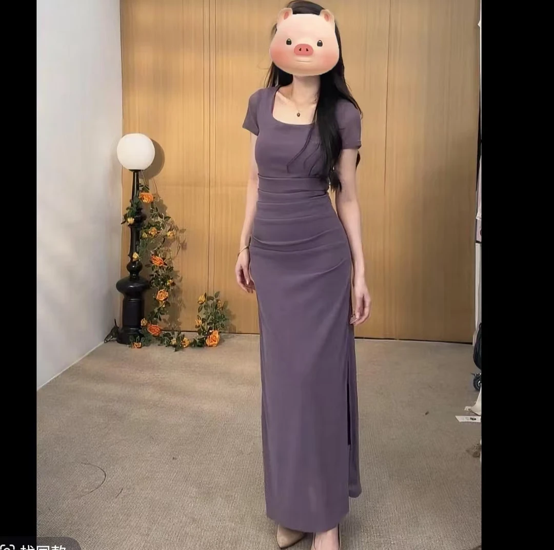 夏季新款法式U领短袖褶皱修身收腰包臀连衣裙气质性感时尚显瘦